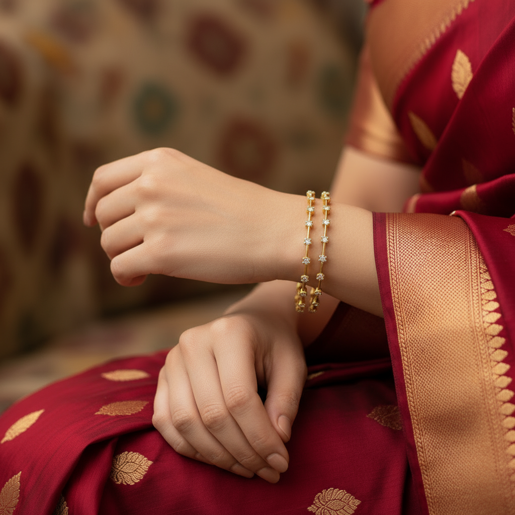 Thin CZ Diamond Studded Bangles - 22k - Set of 2