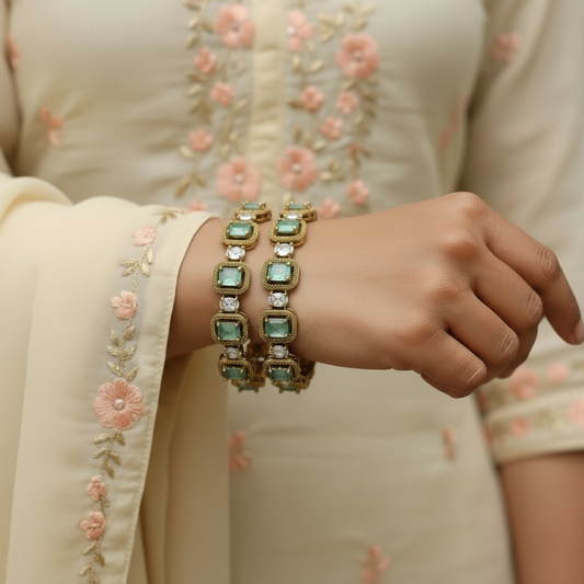 Aqua Square stone grand bangles for events- set of 2