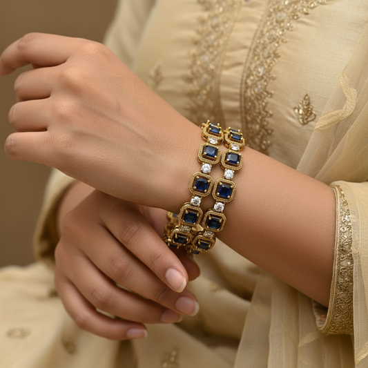 Deep blue Square stone grand bangles for events- set of 2
