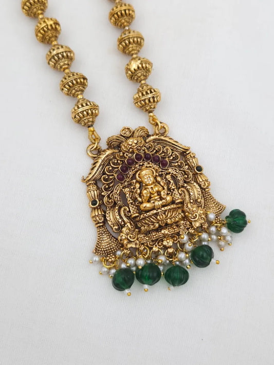 Green Beads and Pearls Temple Haaram with Lakshmi Goddess Set