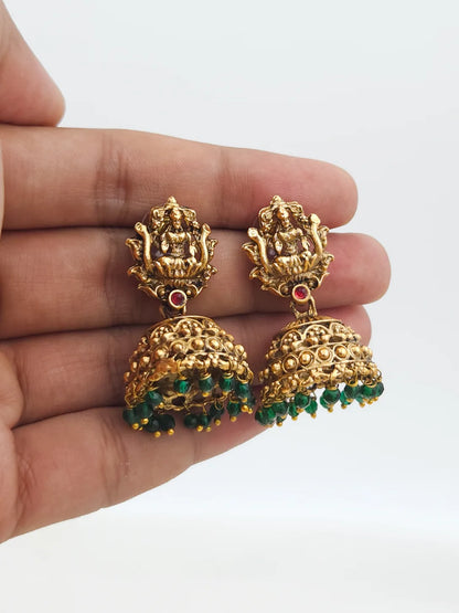 Green Beads and Pearls Temple Haaram with Lakshmi Goddess Set