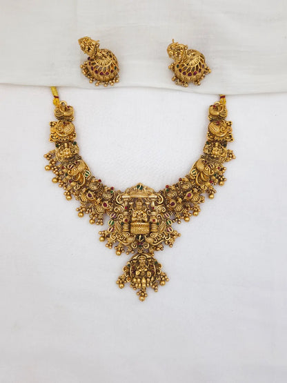 Grand Lakshmi Idol Temple Jewelery with Peacock in 3D Look Haram Set