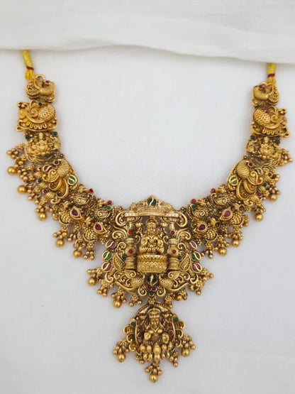 Grand Lakshmi Idol Temple Jewelery with Peacock in 3D Look Haram Set