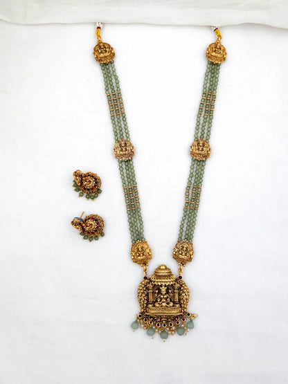 Triple Layer Green Beads Lakshmi Pendant Long Haaram - Antique set