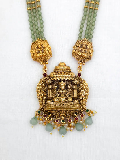 Triple Layer Green Beads Lakshmi Pendant Long Haaram - Antique set