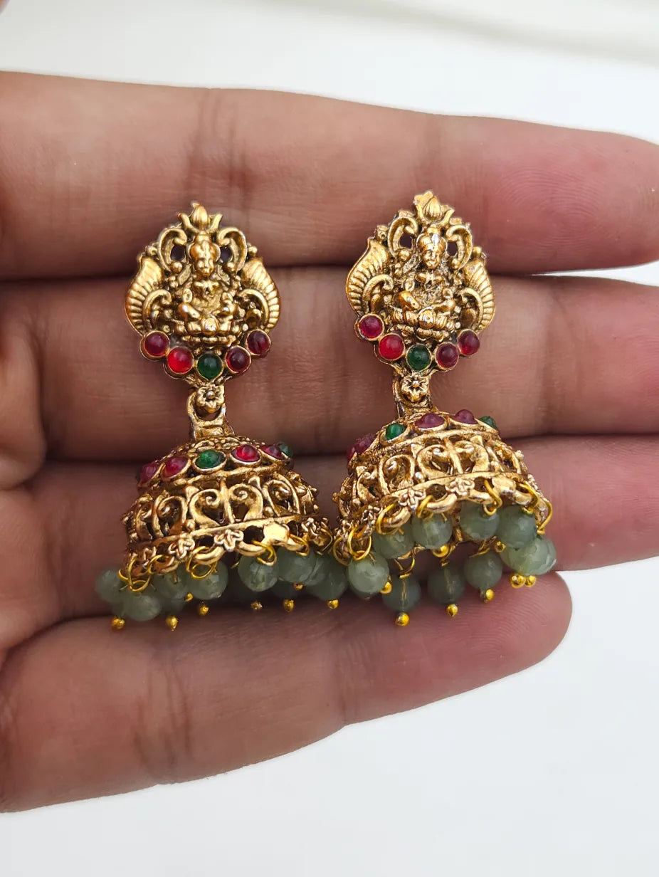 Triple Layer Green Beads Lakshmi Pendant Long Haaram - Antique set