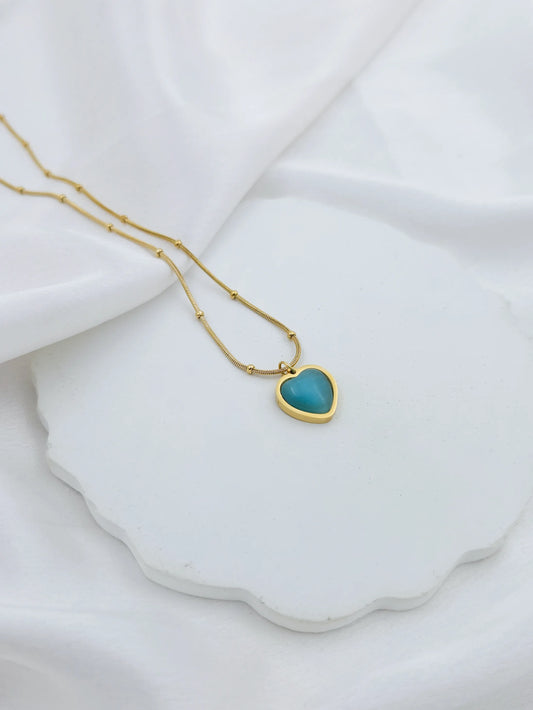 Beaded Chain Blue Heart Pendant Necklace - 18k Gold Plated