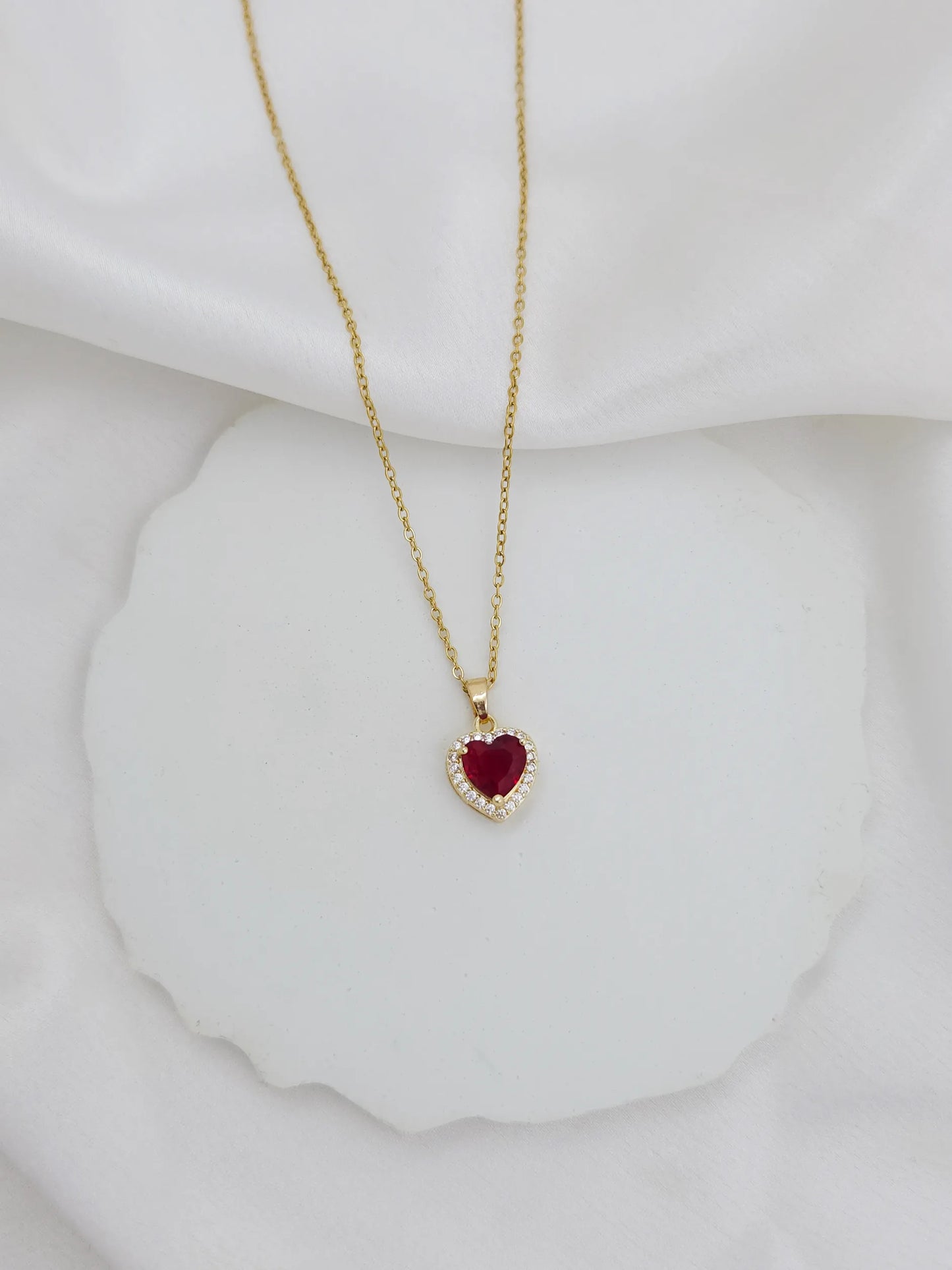 Stainless Steel Red Stone Studded Heart Pendant Necklace
