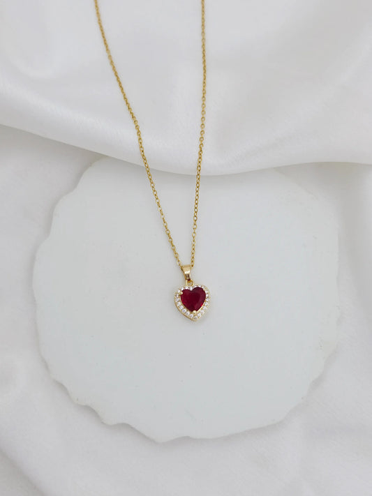 Stainless Steel Red Stone Studded Heart Pendant Necklace