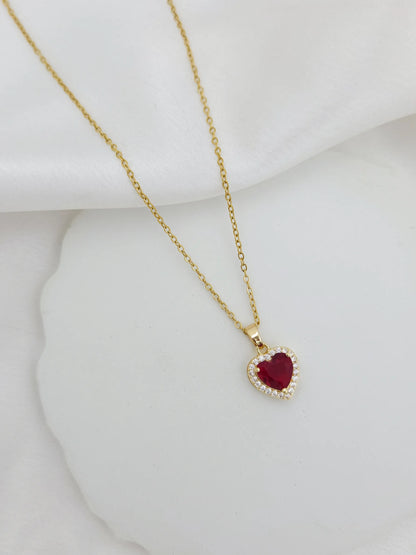 Stainless Steel Red Stone Studded Heart Pendant Necklace