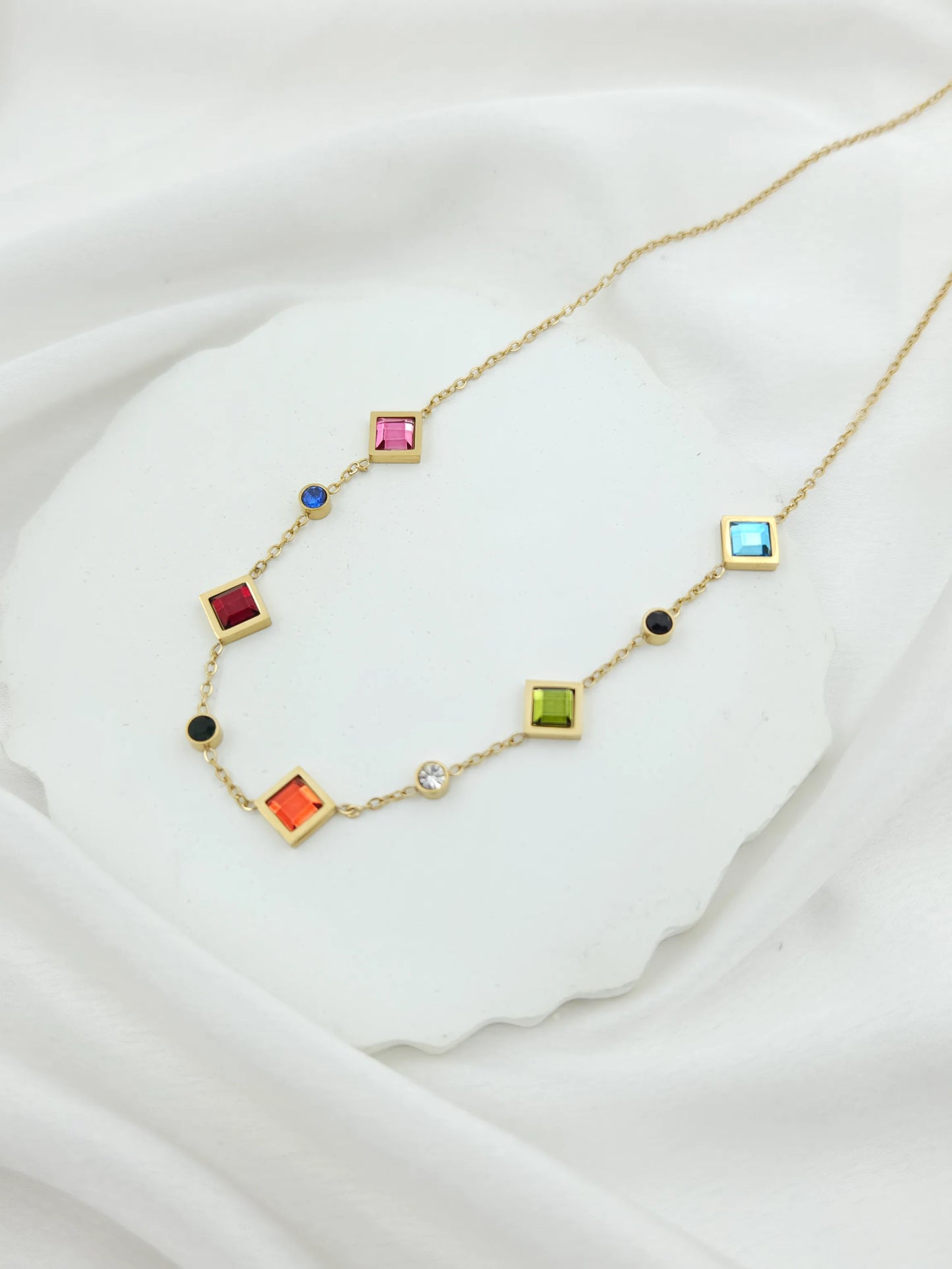 Multicolor Square Stone Anti-tarnish Necklace for Kids Women - 18k Gold Plated