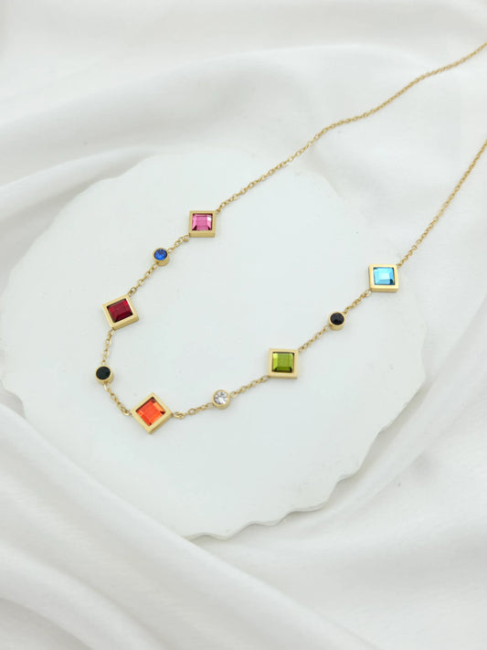 Multicolor Square Stone Anti-tarnish Necklace for Kids Women - 18k Gold Plated
