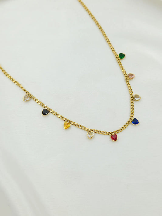 Mini Heart Multicolor Stones Anti-Tarnish Necklace