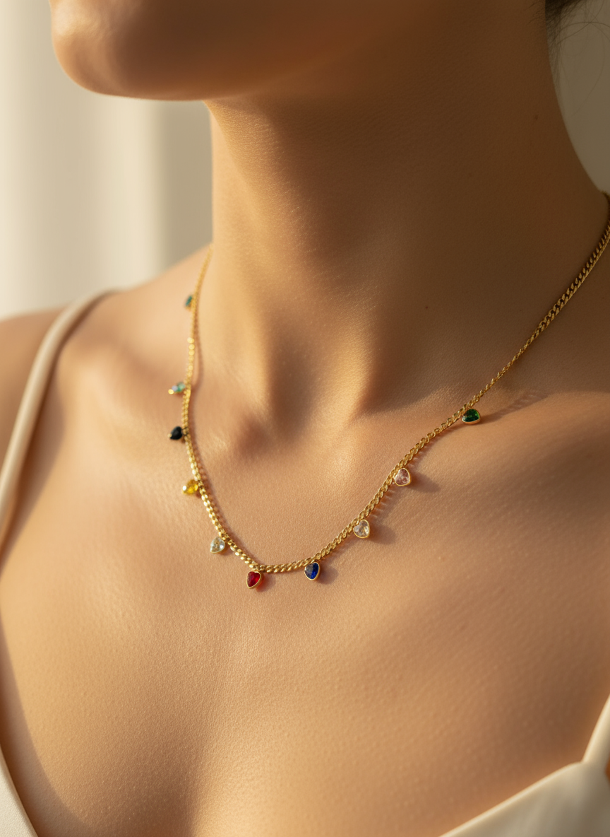 Mini Heart Multicolor Stones Anti-Tarnish Necklace