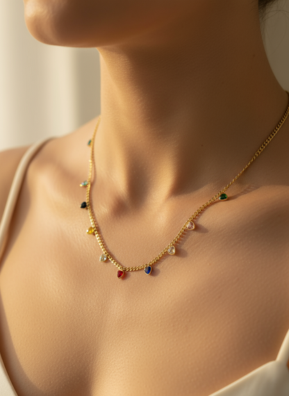 Mini Heart Multicolor Stones Anti-Tarnish Necklace