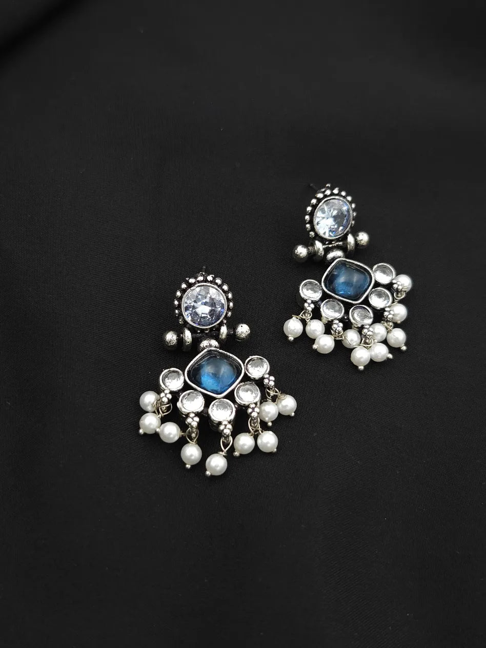 Oxidised Diamond shaped Statement Earrings with Pearl Drops - DeepBlue