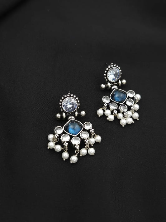 Oxidised Diamond shaped Statement Earrings with Pearl Drops - DeepBlue
