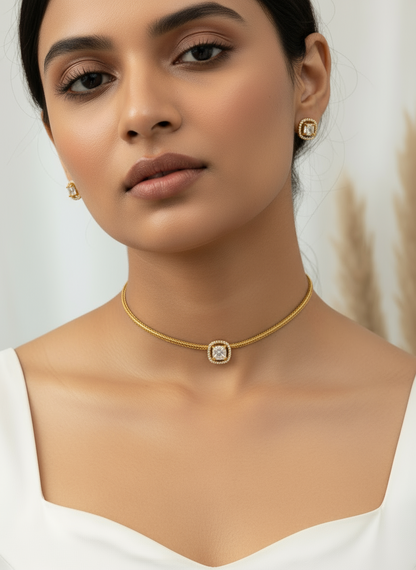 Elegant White Stone Choker With Matching Studs