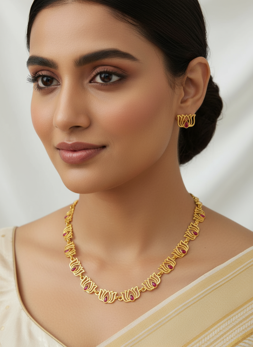 Gold Lotus Short Necklace with Studs