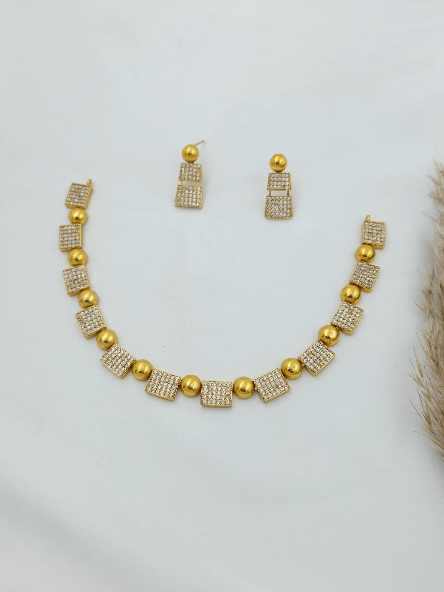 Circular and Box CZ Necklace with Earrings