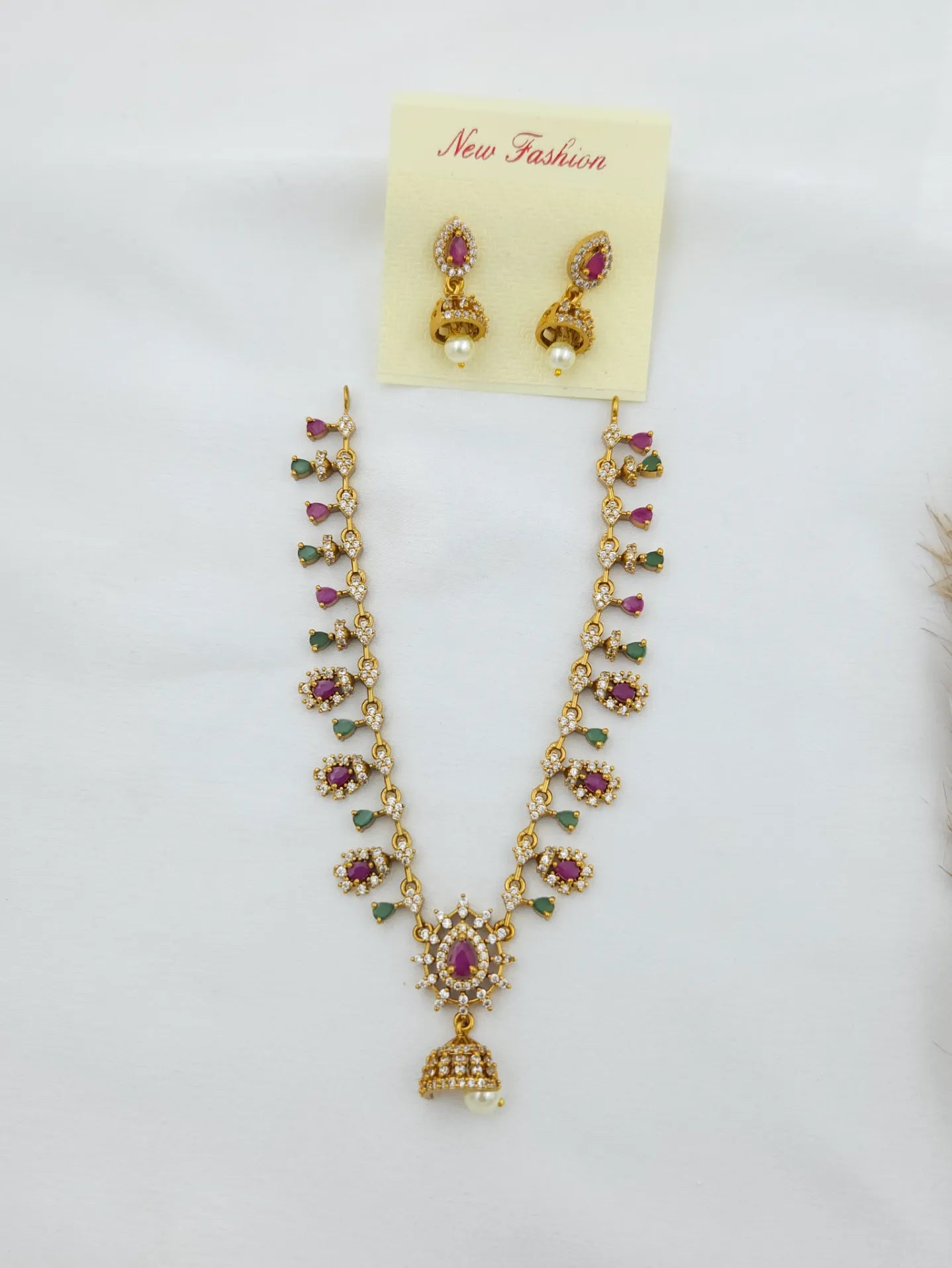 Floral AD with Red and Green Stone with Pearl Jumka