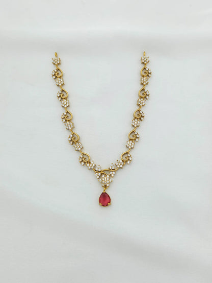Red Pendant Gold Plated CZ Short Necklace with Studs