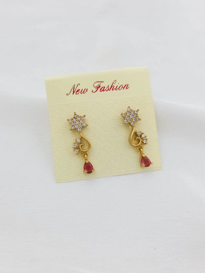 Red Pendant Gold Plated CZ Short Necklace with Studs