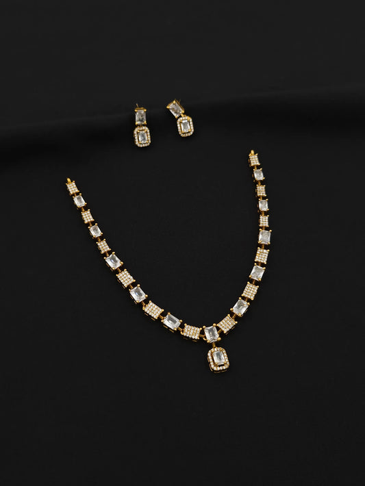 White Stone Square Trendy Gold Necklace for Girls with Studs