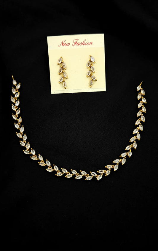 Thin Leaf White Stone Necklace with Earrings for Ladies