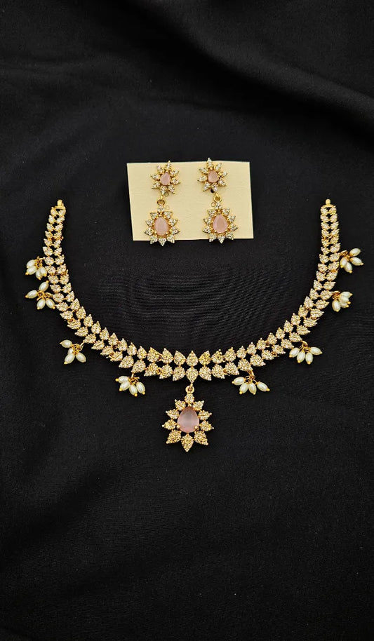 Rice Pearl Stone Studded Gold Plated Necklace with Earrings Pink