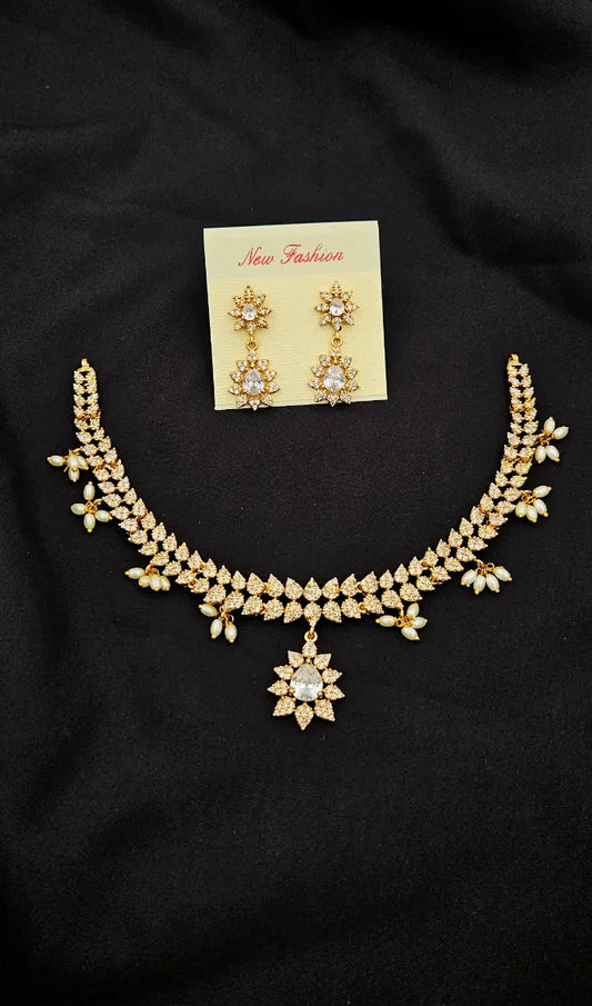 Rice Pearl Stone Studded Gold Plated Necklace with Earrings White