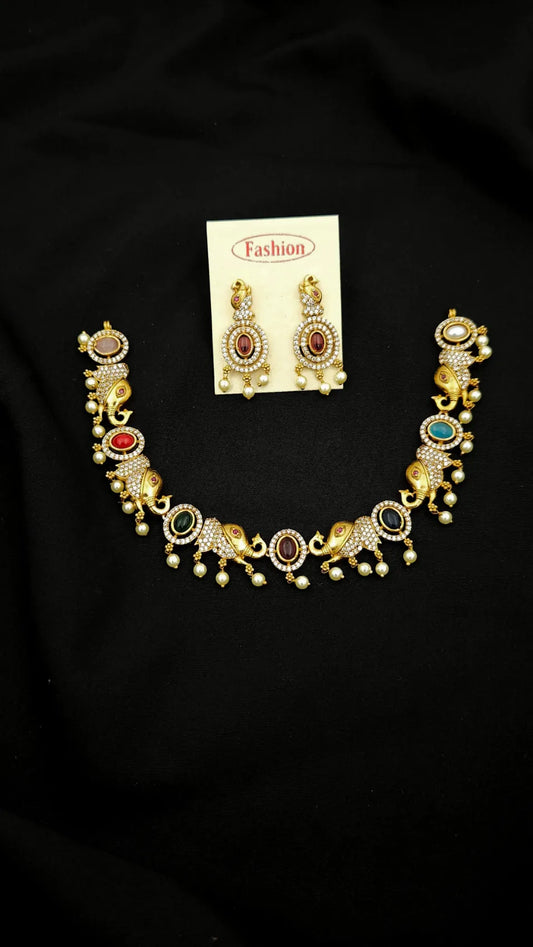 Elephant Navaratna Pearls Short Necklace with Matching Earrings