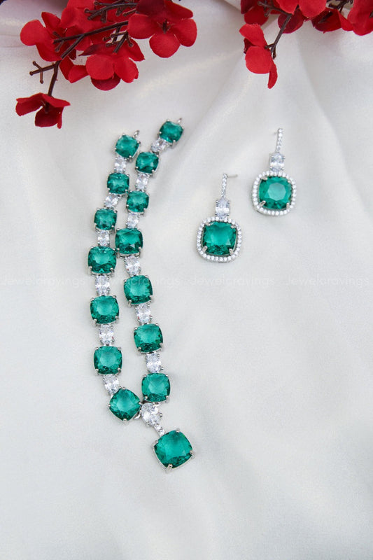 Green Aqua Crystal AD Necklace with Earrings