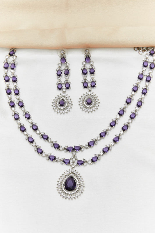 Purple Double Layered AD Necklace with Earrings