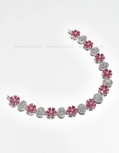 Sparkling Red Flower American Diamond Necklace with Earrings