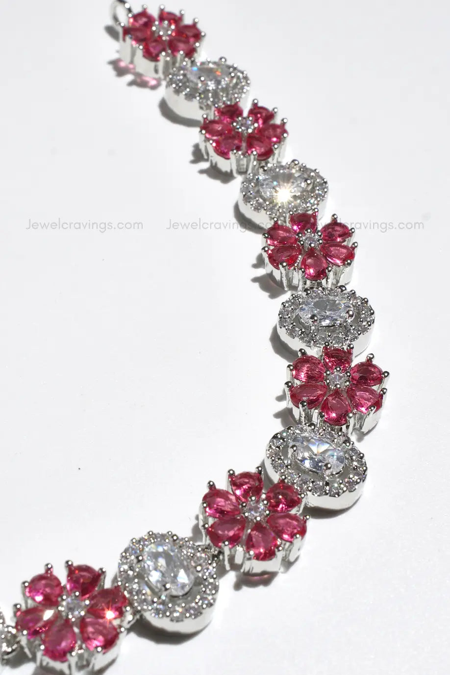 Sparkling Red Flower American Diamond Necklace with Earrings