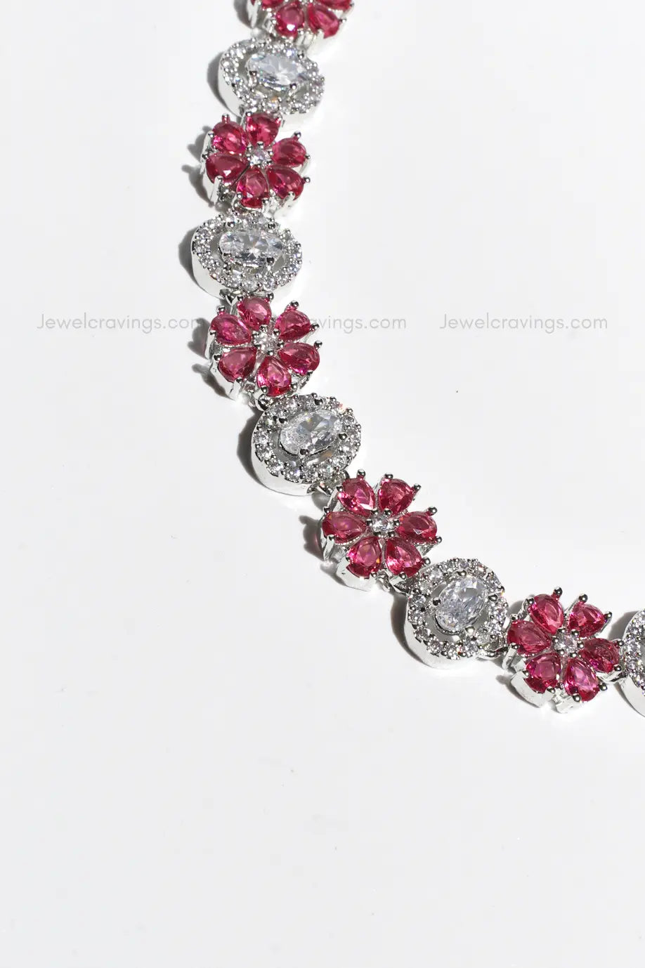 Sparkling Red Flower American Diamond Necklace with Earrings