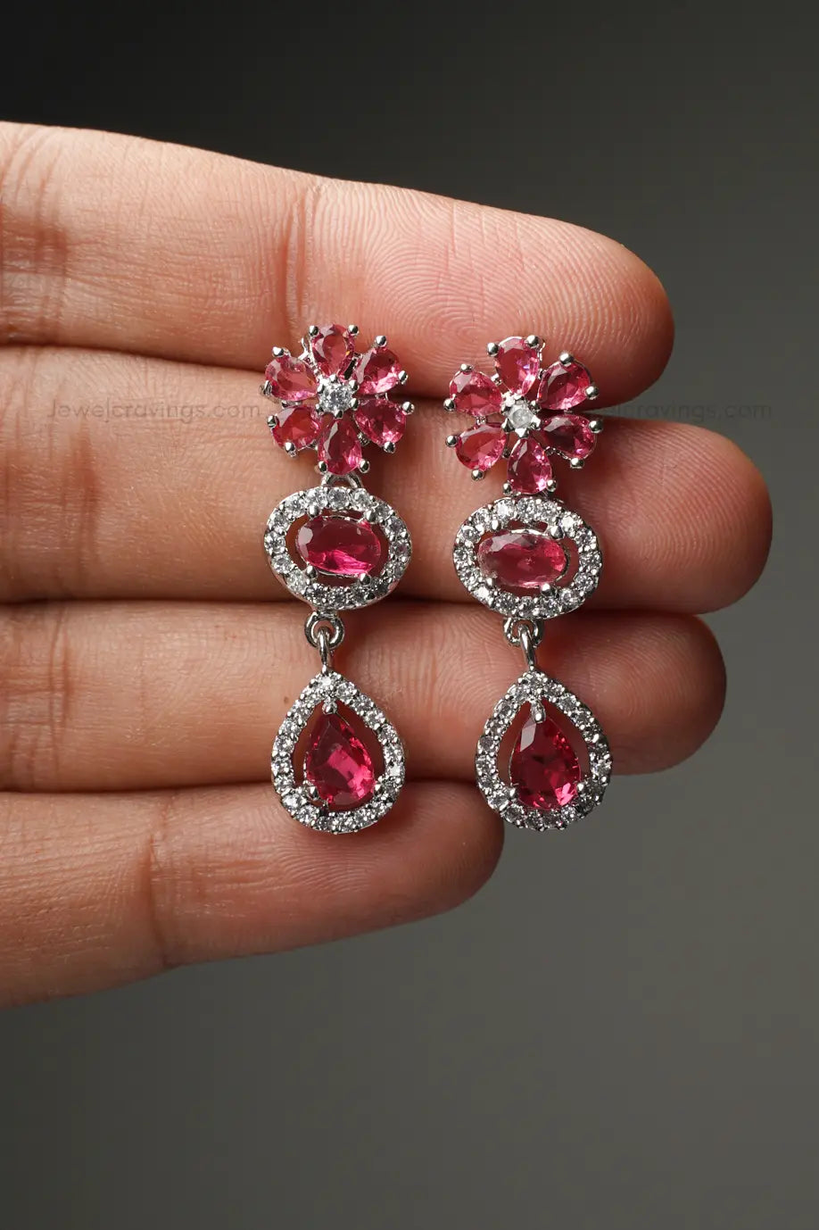 Sparkling Red Flower American Diamond Necklace with Earrings