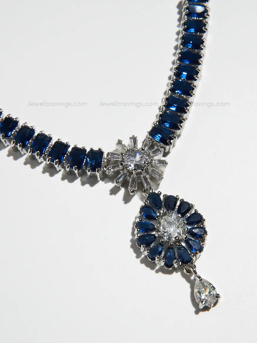 Deep Blue American Diamond Pendant Necklace with Earrings