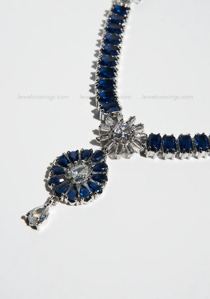 Deep Blue American Diamond Pendant Necklace with Earrings