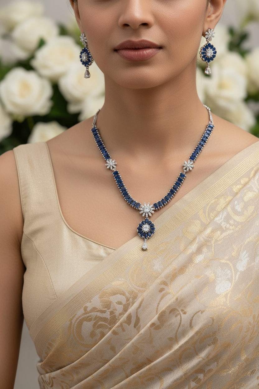 Deep Blue American Diamond Pendant Necklace with Earrings