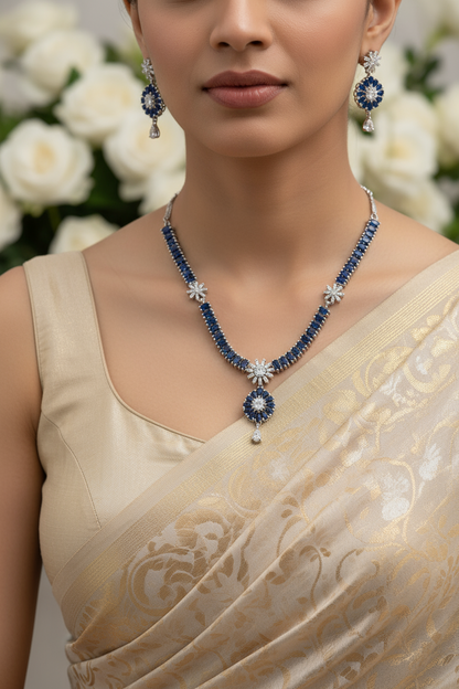 Deep Blue American Diamond Pendant Necklace with Earrings