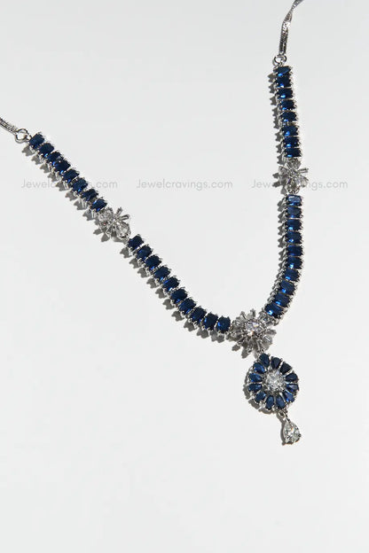 Deep Blue American Diamond Pendant Necklace with Earrings