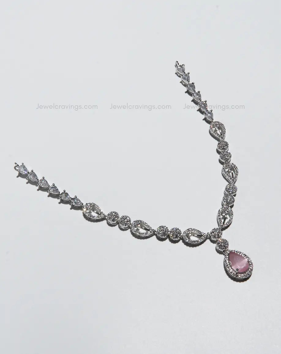 Pink Drop Sparkling American Diamond Pendant with Earrings