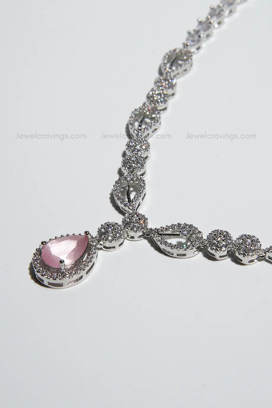 Pink Drop Sparkling American Diamond Pendant with Earrings