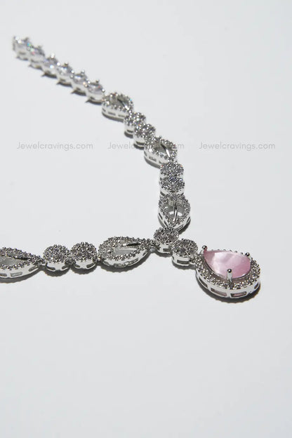 Pink Drop Sparkling American Diamond Pendant with Earrings