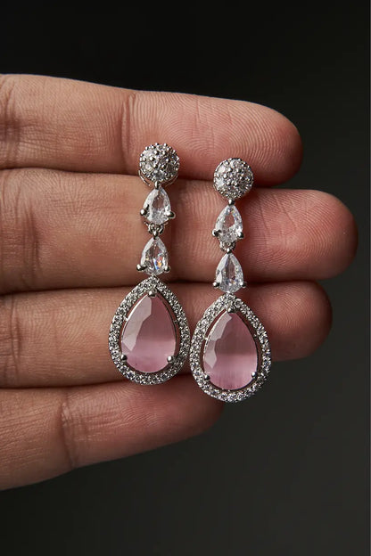 Pink Drop Sparkling American Diamond Pendant with Earrings