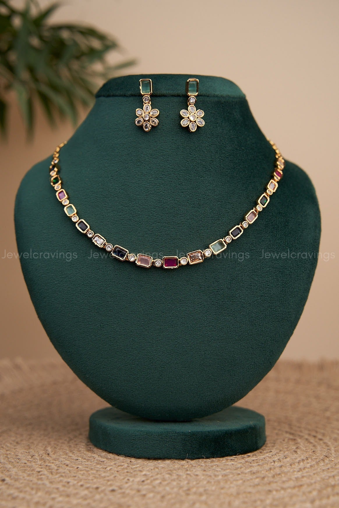 Navaratna Stream Necklace With Floral AD Earrings