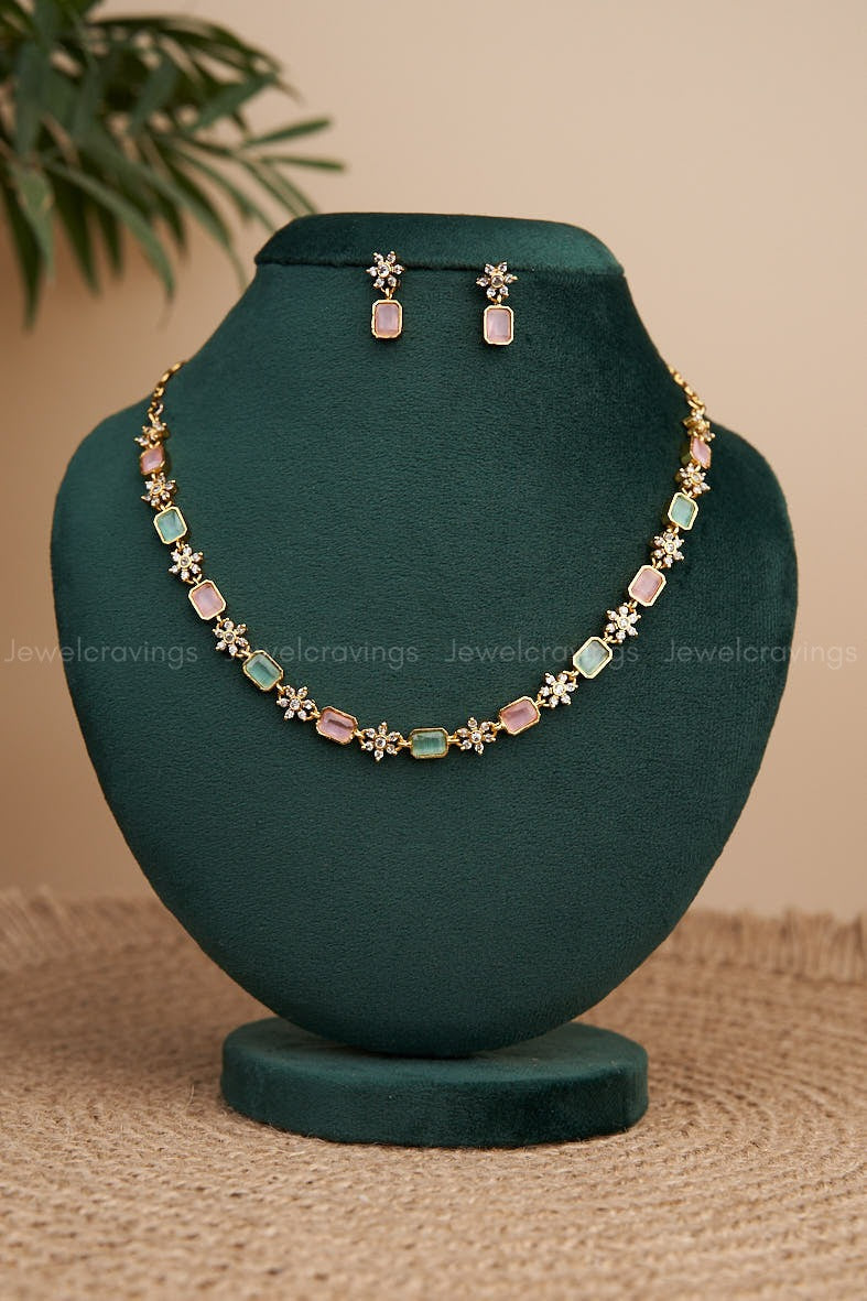 Mini Floral Stone Necklace With Earrings (Colour option available)