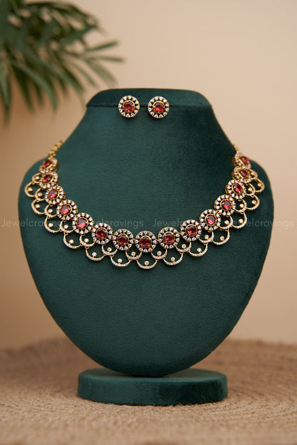 Designer Red Necklace With Stone Studded Earrings